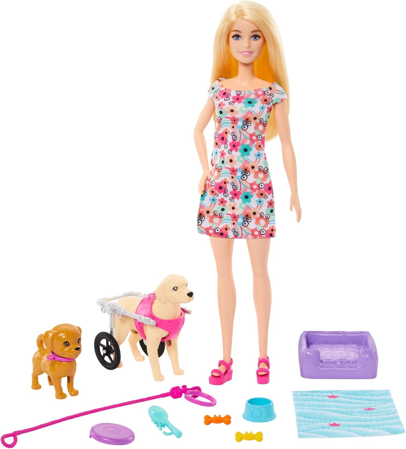 Barbie Dog Duo Puppe und Zubehör, einschließlich Welpe und großer Hund mit Rollstuhl, Leine, Futternapf, Haustierbett und Knochenbelohnungen, für Kinder ab 3 Jahren, HTK37