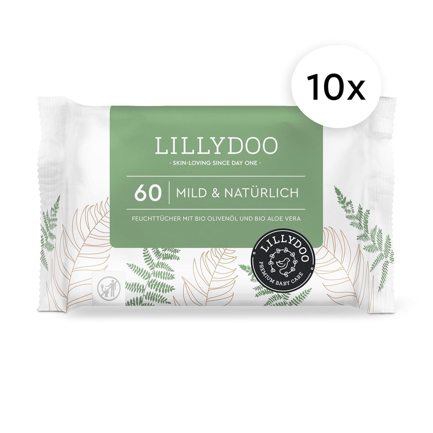 Grüne Feuchttücher von LILLYDOO, 600 Stück (10 x 60), 100 % plastikfrei, reißfestes Tuch – parfümfrei, sanft und natürlich, sanfte Reinigung für empfindliche Haut, dermatologisch getestet
