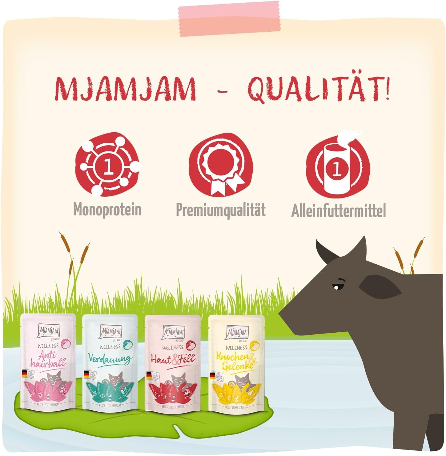 MjAMjAM – Premium-Nassfutter für Katzen – Wellness Pack Rindfleisch, 12er-Pack (12 x 125 g), getreidefrei mit extra Fleisch