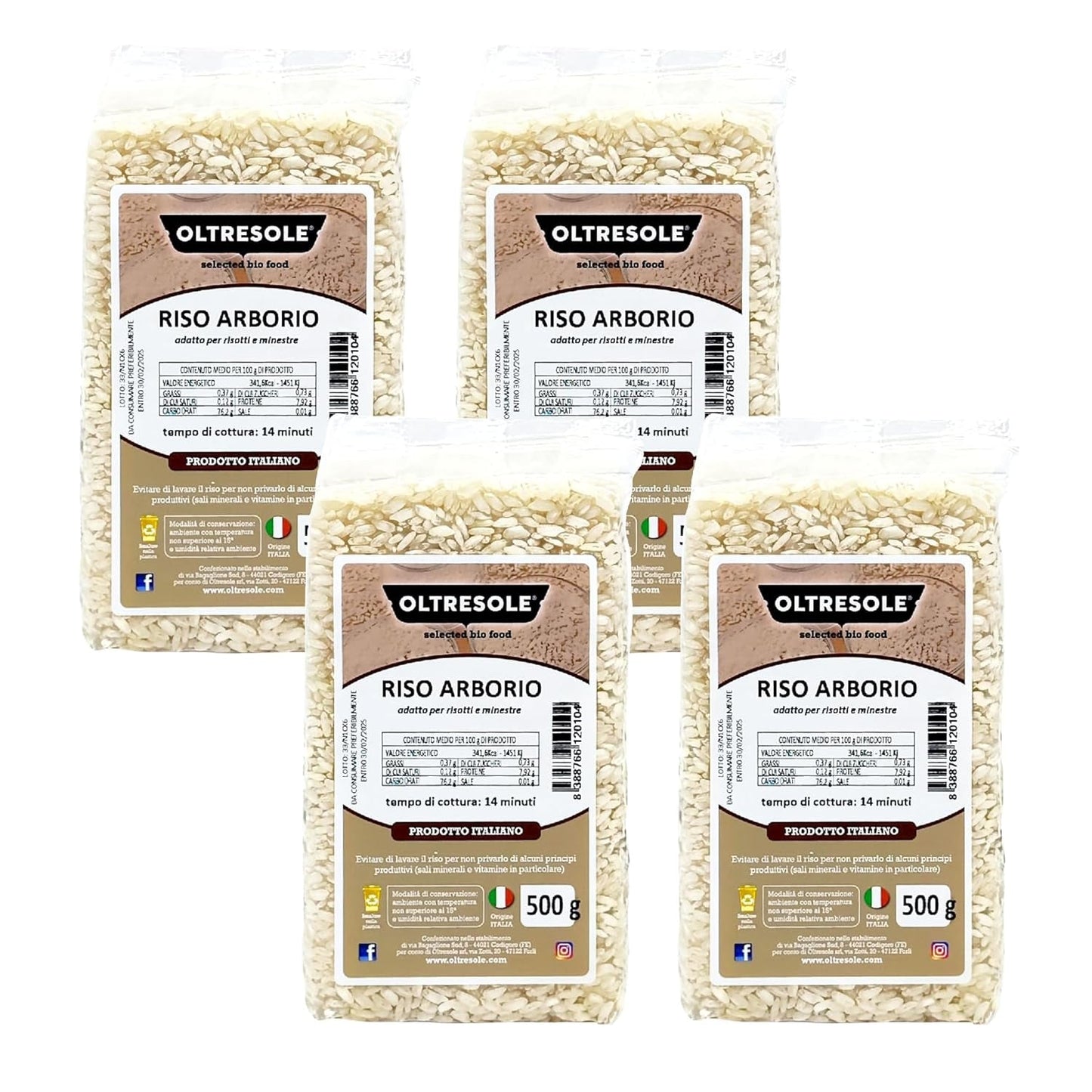 Handwerklich hergestellter italienischer Arborio-Reis, großkörniger und stärkehaltiger Reis, ideal für Suppen, Risottos und Reissalate, vakuumverpackt in 2 1-kg-Beuteln