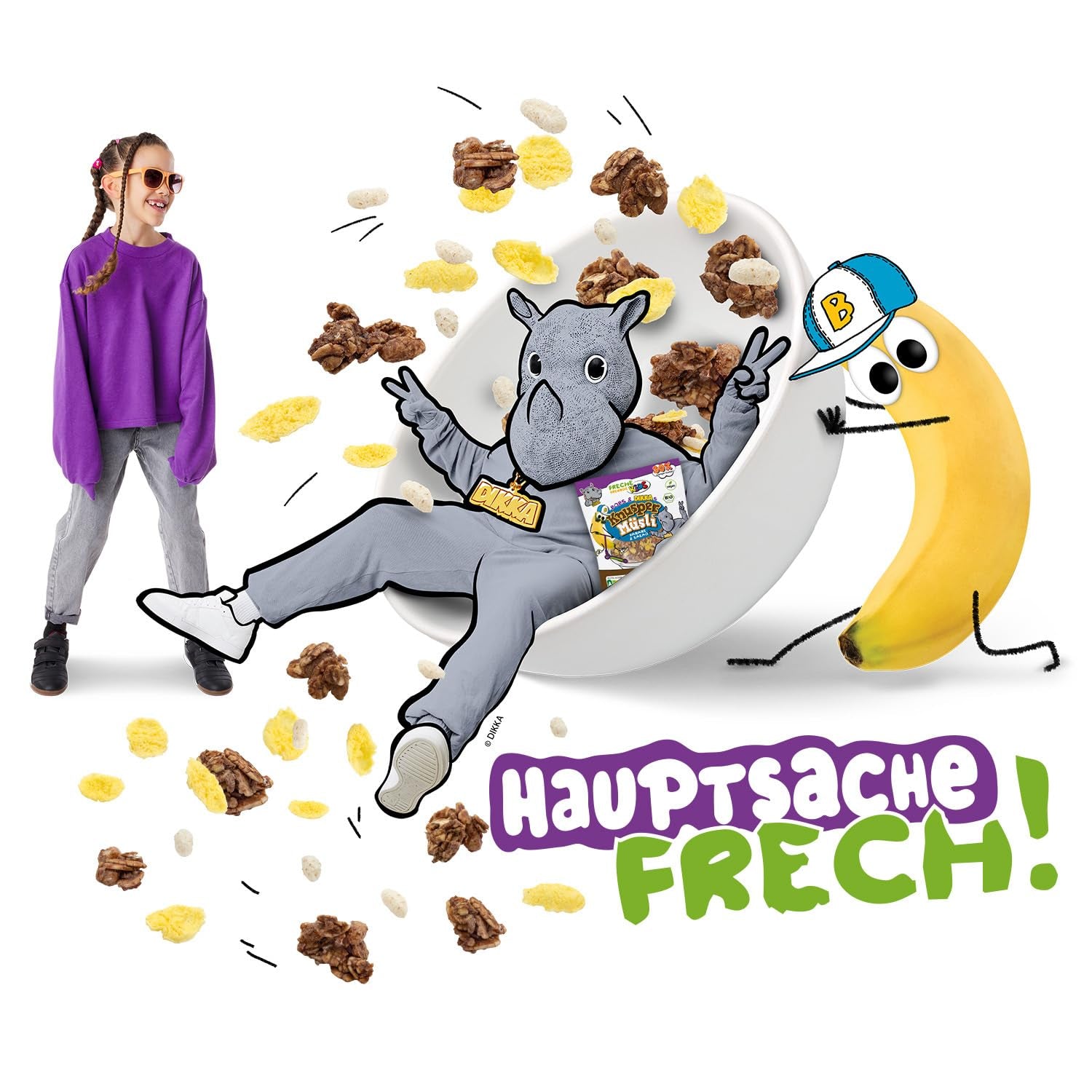 FRECHE FREUNDE KIDS, Bobs & DIKKAs Knuspriges Bananen-Kakao-Müsli, knuspriges Schokoladen-Müsli für Kinder, wenig Zucker, ohne Zusatzstoffe, 100 % vegan, 6 Stück (6 x 280 g)