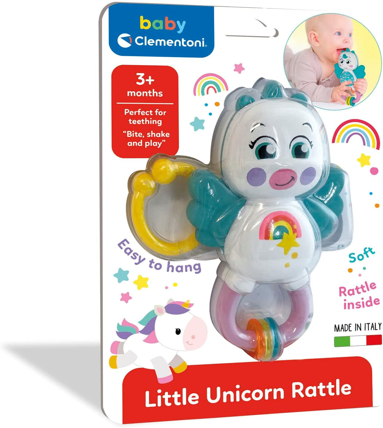 Clementoni 17778 – Rassel „Kleines Einhorn“ – Sonaglio Neonato Con Massaggiagengive, Giocattolo Bambini 3 Mesi, Rafforza Le Capacità Motorie E Sensoriali – Made in Italy Jucarii Bebe Naty Shop