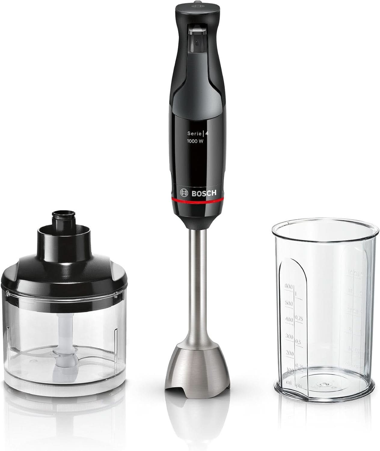 Bosch Stabmixer Ergomaster Serie 4, 1000 Watt, Edelstahl-Mixstab, Zerkleinerer, Mix-/Messbecher, Schwarz Kitchen Naty Shop 2-In-1, Ergomaster Serie 4