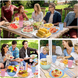 Camping-Besteckset aus Kunststoff für 4 Personen, wiederverwendbar, unzerstörbar, Teller, Tassen, Schüsseln und Besteck, leicht, umweltfreundlich, wiederverwendbar, mikrowellen- und spülmaschinenfest