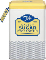 Die Metall-Aufbewahrungsbox im Retro-Design von Tala Originals in Gelb und Creme bietet Platz für eine ganze Tüte Puderzucker