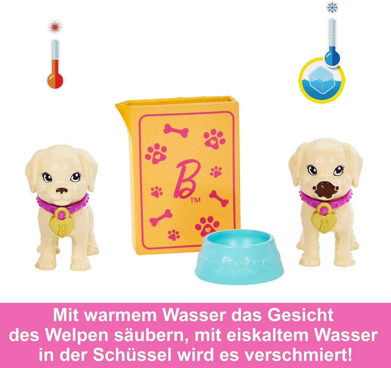 Adoption Barbie Puppy – Puppe und 2 Welpen, mit Adoptionsurkunden, Farbwechseleffekt, Käfig und Zubehör, für Kinder ab 3 Jahren, HKD 86
