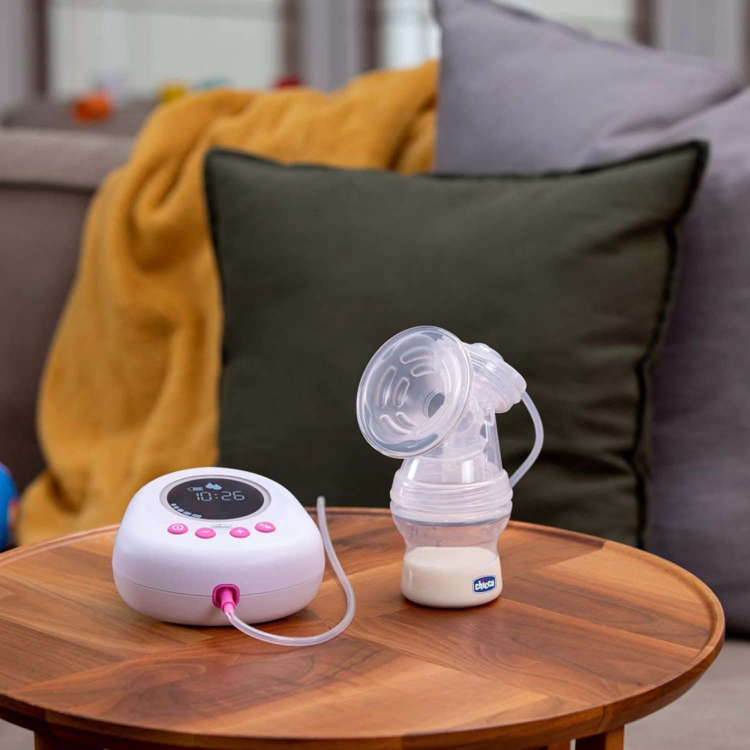 Elektrische Milchpumpe von Chicco mit Stimulations- und Extraktionsphasen, 10 Intensitätsstufen, bequem und schnell, ergonomische Form, mit geneigtem Sauger und dichtem Verschluss, weiß, 150 ml Zubehör Essen und Stillen Bebe Naty Shop