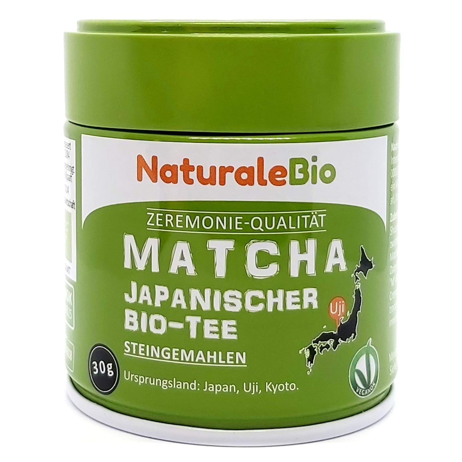 Naturalebio Matcha-Teepulver in zeremonieller Qualität. Original grüner Tee aus Japan. Matcha-Grüntee-Pulver in Zeremonienqualität, hergestellt in Uji, Kyoto. Ideal zum Trinken, Kochen und für Latte Macchiato. Schachtel mit 30 g.