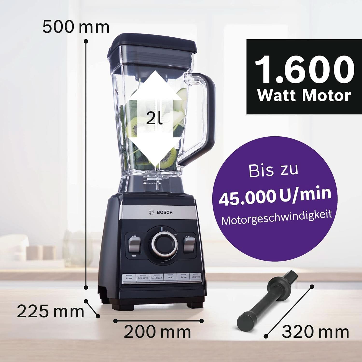 Bosch Standmixer Vitaboost MMBH6P6BDE, 6-Klingen-Edelstahlmesser, 2.5L Tritan-Mixbehälter, Stopfer, 6 Automatikprogramme, Rezeptbuch, Bpa-Frei, Einfache Reinigung, 45.000 U/Min, 1600 W, Schwarz Bucatarie Naty Shop