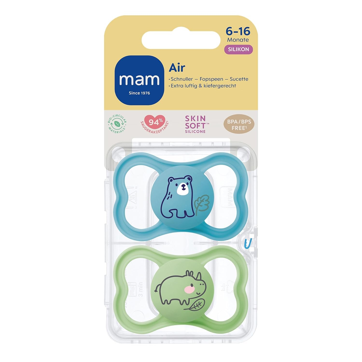MAM Air Silikon-Schnuller, 2er-Pack, extra leichtes und luftiges Design, zahnfreundlicher Baby-Schnuller aus MAM SkinSoft-Spezialsilikon, mit Schnullerbox, 6-16 Monate, Bär/Nashorn