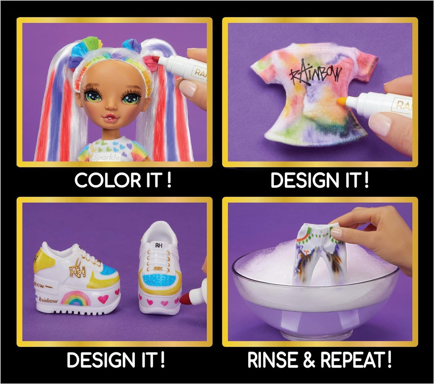 Rainbow High Color & Create DIY Modepuppe – Grüne Augen, Zopfe, extra Top & Schuhe, abwaschbare Regenbogenstifte – Ausmalen, Gestalten, Spielen, Auswaschen – für Kinder von 4-12 Jahren und Sammler