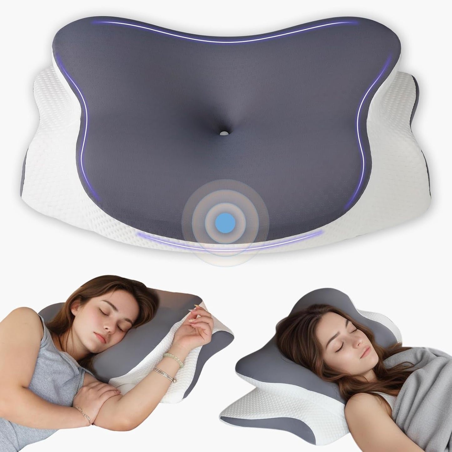 Nackenkissen, orthopädisches Kopfkissen, Memory-Schaum-Kissen, Seitenaufprallkissen – ergonomisches Design, hohle Form für Seiten-, Rücken- und Bauchaufprall, hellgrau, orthopädische Nackenkissen, Naty Shop, dunkelgrau, 66 x 40 x 14 cm