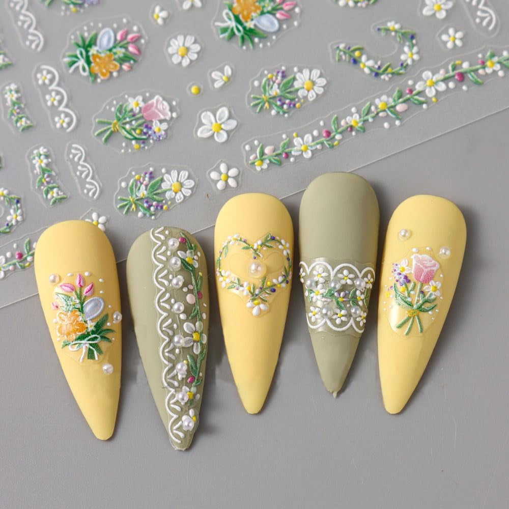 5Pcs Geprägte Gänseblümchen Nagelsticker Selbstklebend Blumen Nagelaufkleber Gänseblümchen Schmetterling Nagel Sticker Nageldesign Aufkleber Nägel Zubehör Blume Nail Sticker Flower Nail Art Sticker