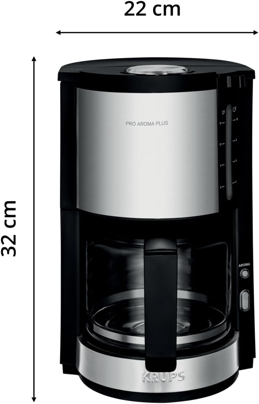 Krups KM3210 Pro Aroma Plus Espressomaschine, 10 Tassen, 1,25 l, Warmhalten für 30 Minuten, sichtbares Wasserstandsfenster, Anti-Tropf-System, schwarz mit Edelstahl-Applikationen