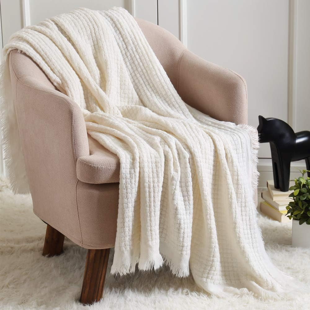 CREVENT Rost-Strickdecke für Couch, Couch, Stuhl, Bett, Heimdekoration, weich, warm, gemütlich, leicht, Frühling, Sommer, Herbst (127,8 x 152,4 cm, Karamell/Braun/Gebranntes Orange). CREVENT elfenbeinfarbene Waffelbetten und Decken
