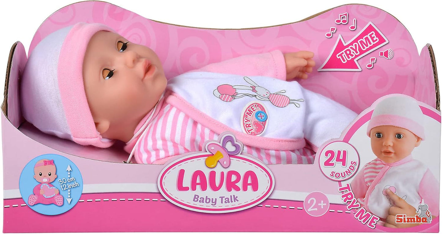 Simba 105140020 – My Love Baby Talk, Weichkörperpuppe mit Schlafaugen im süßen Overall, macht 24 Babygeräusche, 30 cm, Puppe für Kinder ab 2 Jahren
