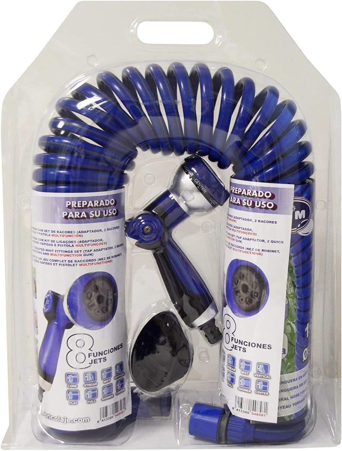 590078 – Spiralschlauchset, blau, 15 Meter (Durchmesser 9 mm) + Multifunktionspistole mit 8 Düsen + Automatik-Innengewinde mit ¾-½-Adapter + 2 Schnellkupplungen + Aufhängebügel