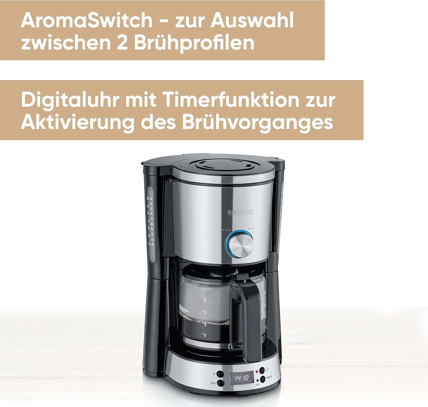 SEVERIN Espressomaschine „TypeSwitch“ mit Glaskaraffe und Timer, AromaSwitch zur Auswahl von 2 Brühoptionen, Digitaluhr mit Timerfunktion, für bis zu 10 Tassen, 1000 W, Edelstahl gebürstet-schwarz, KA 4826