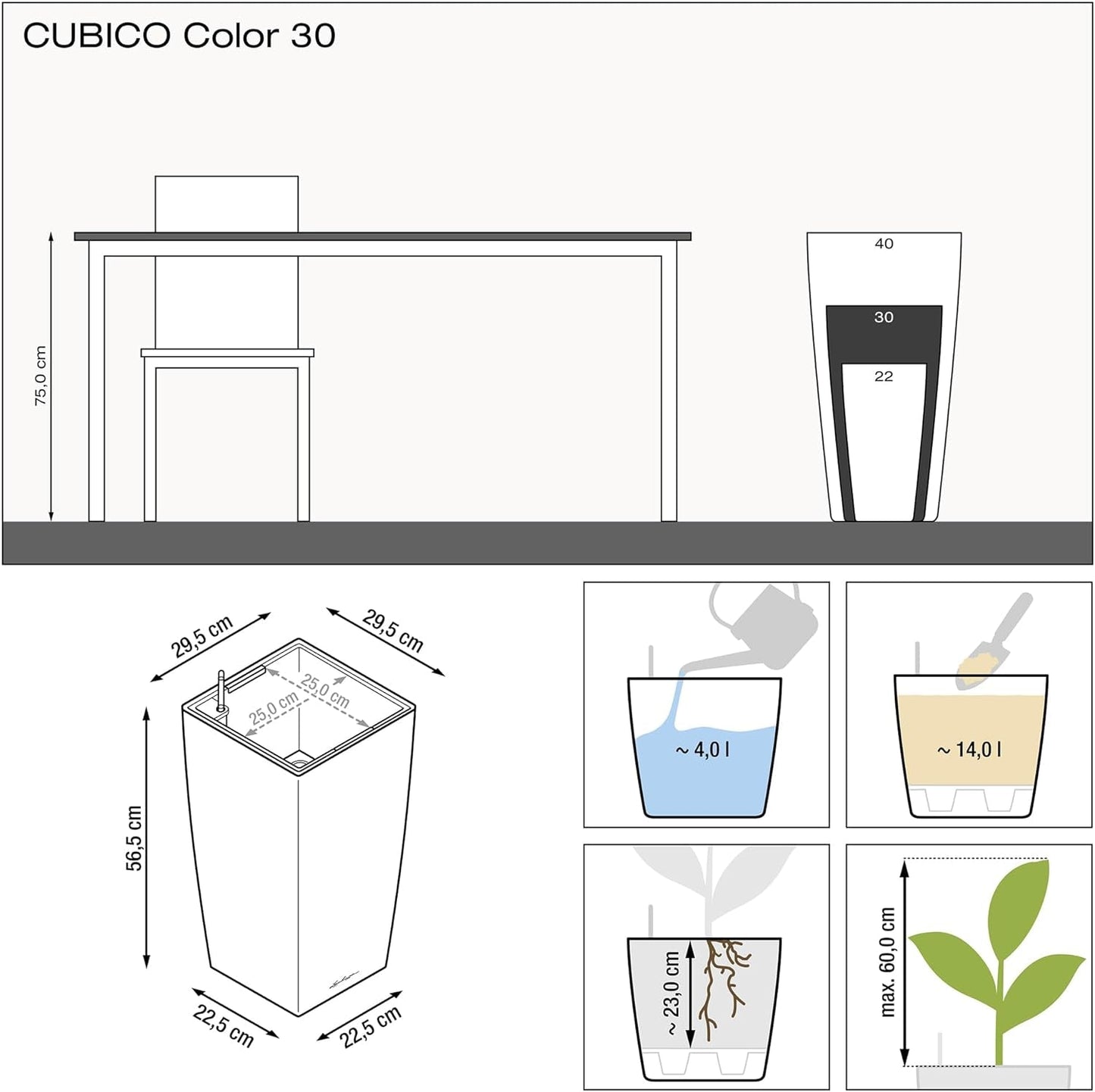 LECHUZA CUBICO Color 30 Schiefergrau 13138, 29,5x29,5x56,5 cm