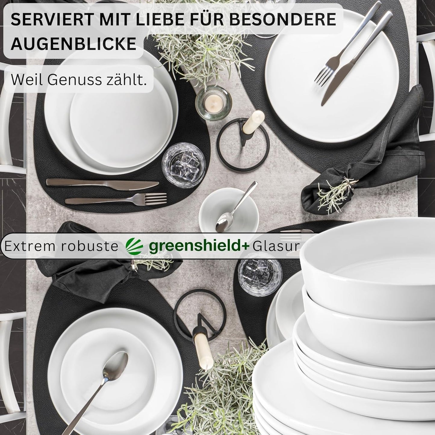 SANGER | Weißes Marlo-Geschirrset, 24-teiliges Geschirrset für 6 Personen mit Desserttellern, Speisetellern, Schüsseln und Müslischalen. Porzellan-Essteller-Set, Geschirr, modernes Design, PREMIUM-KOLLEKTION