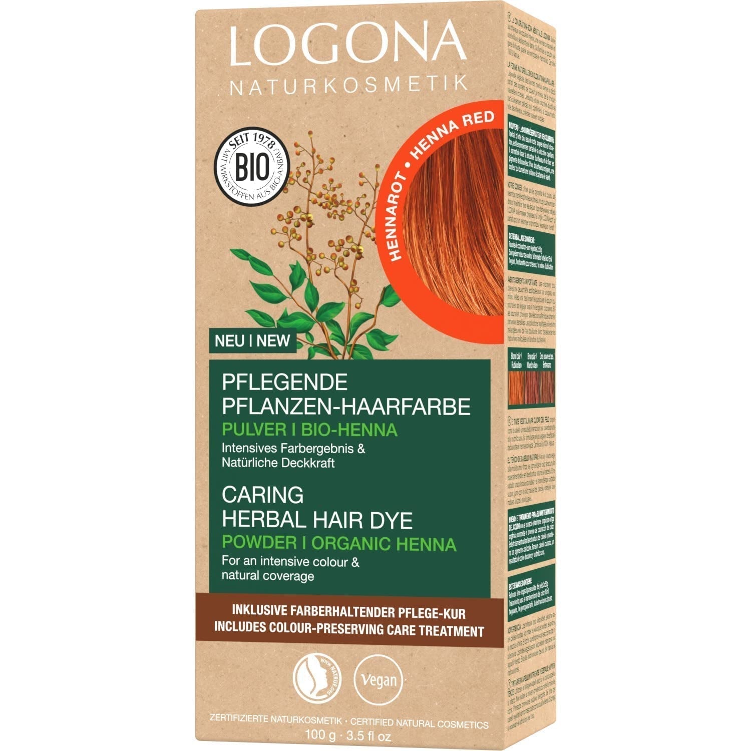 LOGONA Naturkosmetik Kräuter-Pflege-Haarfarbe, Bio-Henna-Pulver, vegane Haarfarbe für intensive Farbe und Glanz, Pflanzen-Haarfarbe in Kupferblond (Blond), 1 x 100 g Naty Shop Rote Henna-Haarfarbe 100 g (1 Packung)