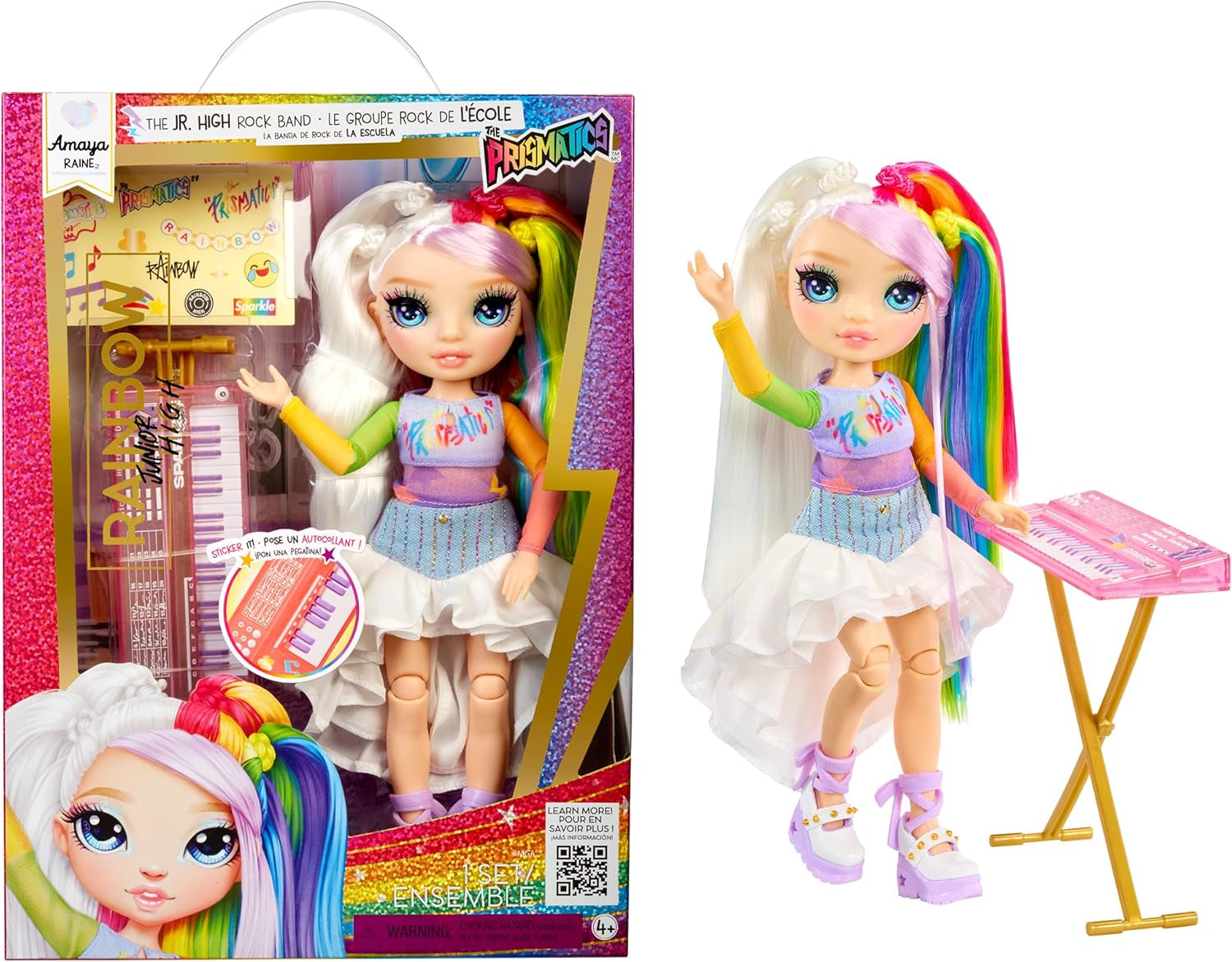 Rainbow High Junior High Rockband – Amaya, Regenbogenfarben – 23 cm große Modepuppe mit Tastatur, anpassbar mit Aufklebern, beweglich, süßes Spielzeug für Kinder ab 4 Jahren