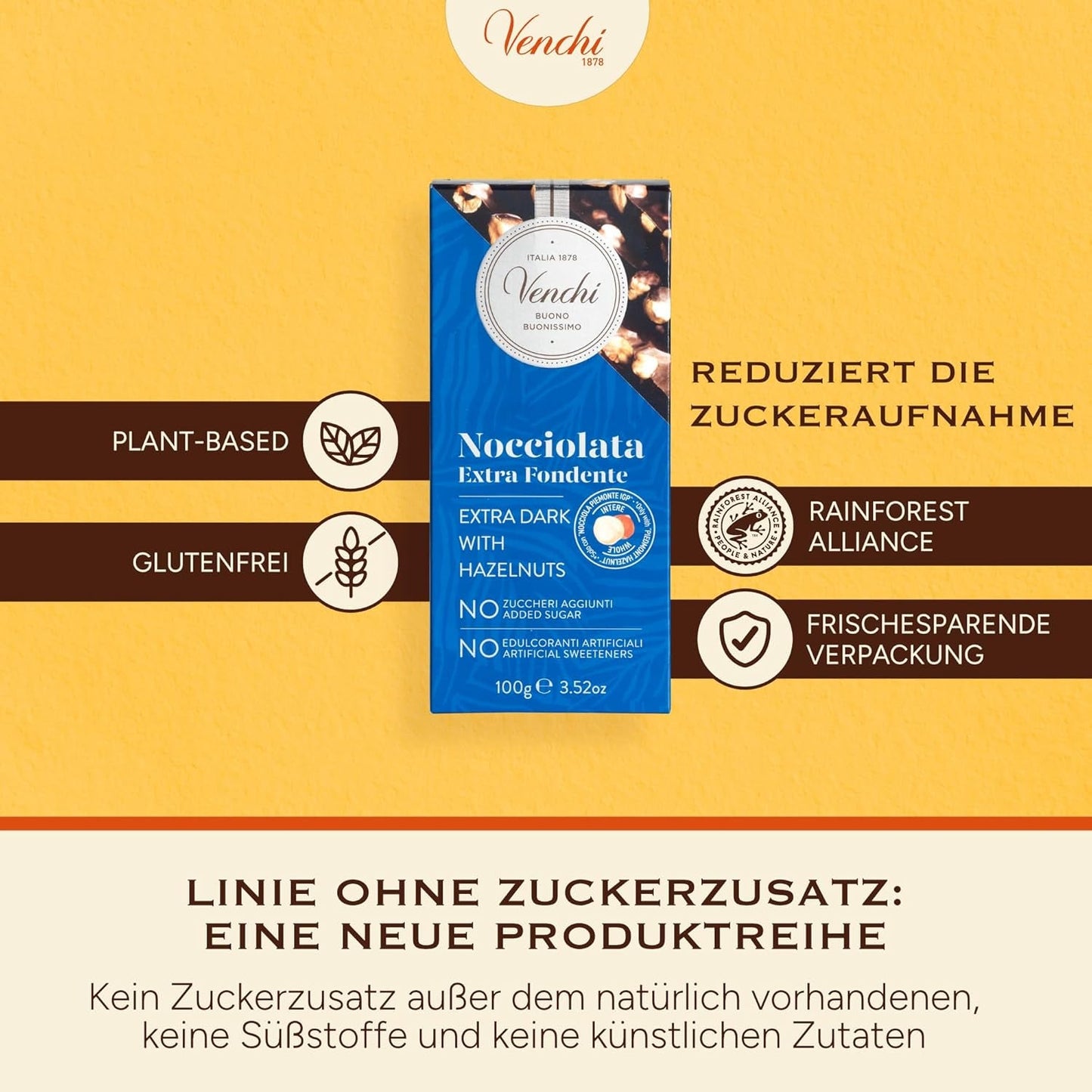 Venchi – Packung mit 6 Tafeln dunkler Schokolade mit Haselnüssen, 600 g – Ohne Zuckerzusatz – Ohne künstliche Süßstoffe – Glutenfrei – Vegan – Geschenkidee