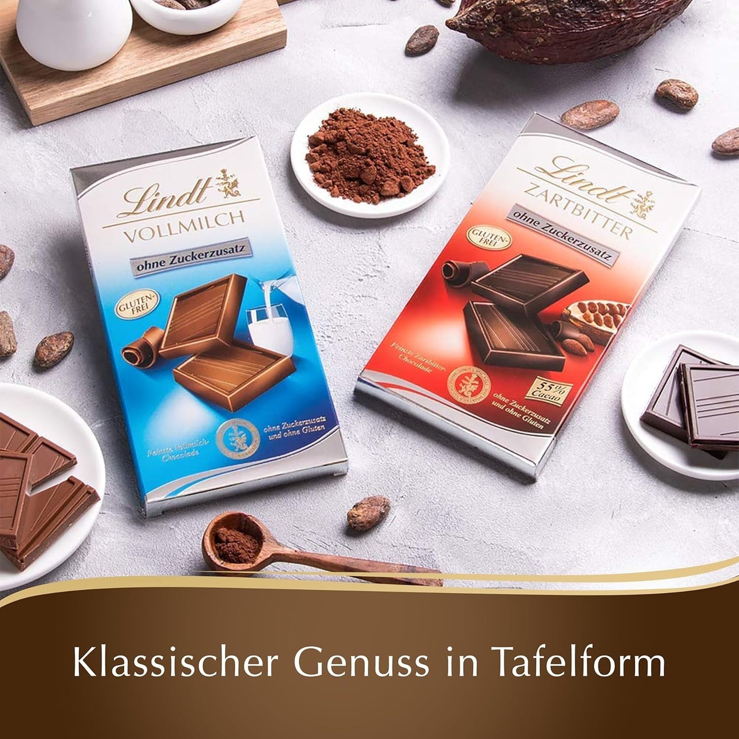 Dunkle Schokolade ohne Zuckerzusatz | Tablette 100g | Feinstes mit 55 % Kakao, glutenfrei | Schokoriegel | Schokoladen-Geschenkset (4er-Pack)