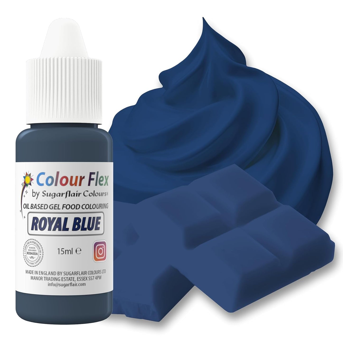 Sugarflair Colourflex Lebensmittelfarbe auf Ölbasis, Königsblau, hochkonzentrierte flüssige Lebensmittelfarbe, Lebensmittelfarbe für Buttercreme, Schokolade, Teig, Fondant, Zuckerguss und mehr – 15 ml