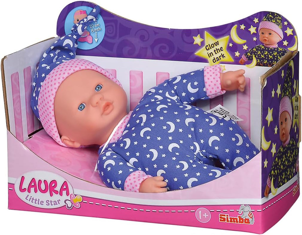 Simba 105010010 – Laura Little Star Weichkörperpuppe in einem süßen Kleid und leuchtender Mond- und Sternenmütze, 20 cm, leuchtende Babypuppe ab 12 Monaten