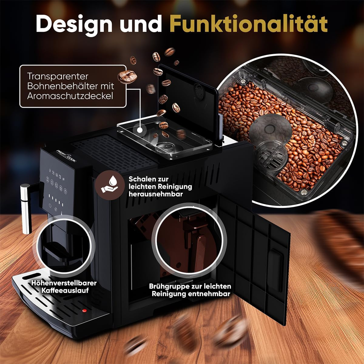 Vollautomatische ProfiCook® Espressomaschine mit Milchaufschäumer für Cappuccino | Kegelmahlwerk | mit Tassenwärmfunktion | Italienische Profipumpe | Touchscreen | Espresso | PC KAV 1281