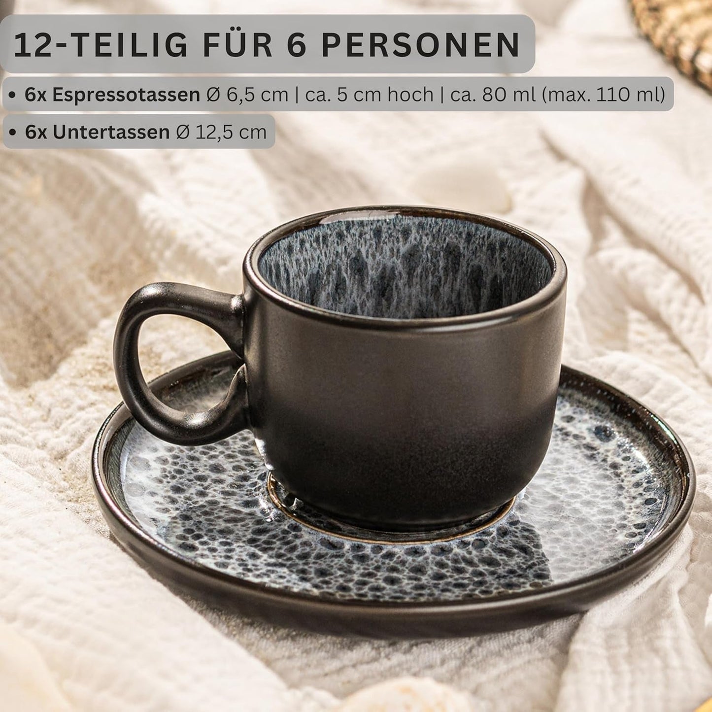 SANGER Sydney | Espressotassen-Set aus Keramik, 12 Stück, Mokkatassen-Set für 6 Personen, Tassen und Untertassen, spülmaschinen- und mikrowellengeeignet, dunkelgrau, 80 ml | DIE VALUE-KOLLEKTION