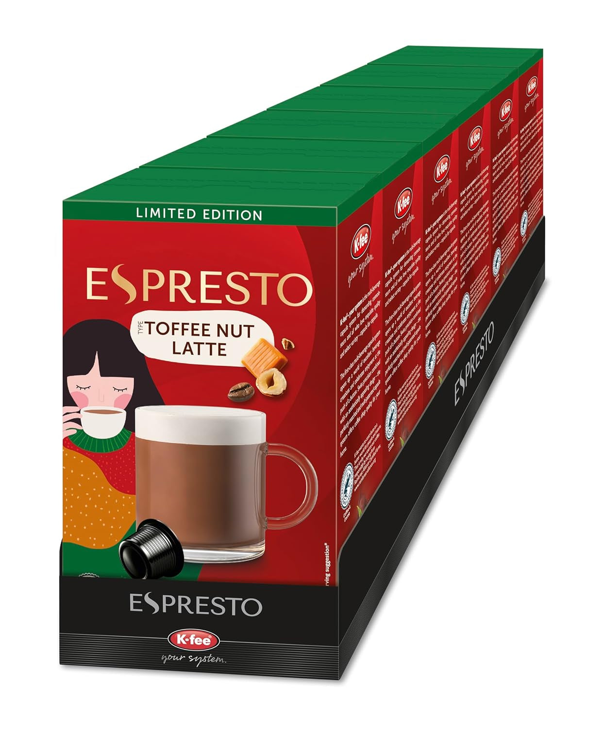 ESPRESTO Toffee Nut Latte, kompatibel mit K-fee & ALDI EXPRESSI*, aromatisierter Milchkaffee, RFA-zertifiziert, 96 Kapseln