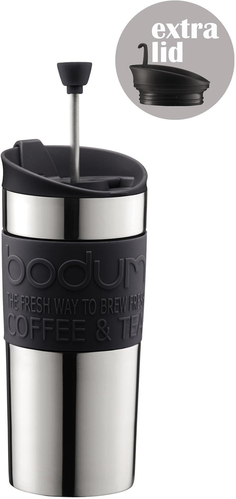 Bodum K11067-01 Reisepresse, Edelstahl, schwarze Kaffeemaschine mit Ersatzdeckel, 350 ml