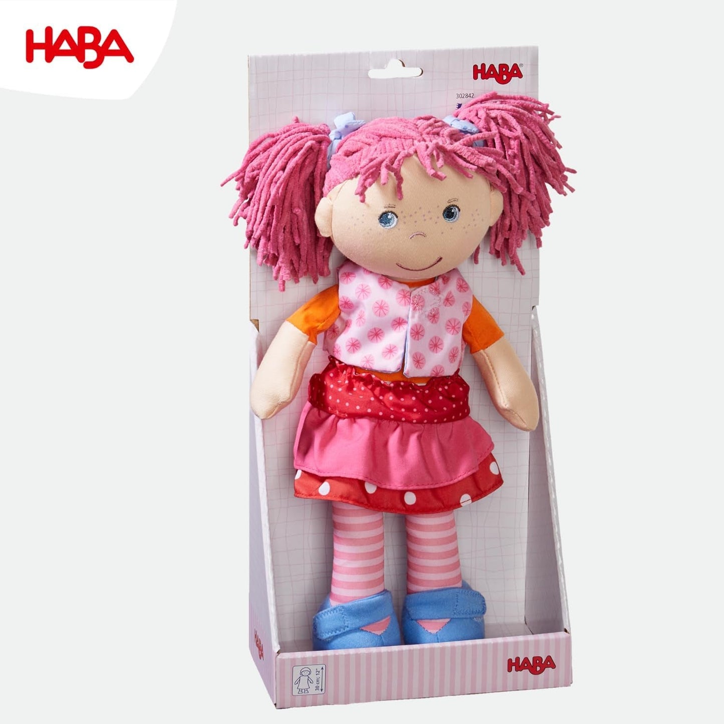 HABA Lily Lou Puppe – Weiche Stoffpuppe ab 18 Monaten – 30 cm mit Kleidung und Haaren – Idealer Spielgefährte für kleine Kinder – 1302842001
