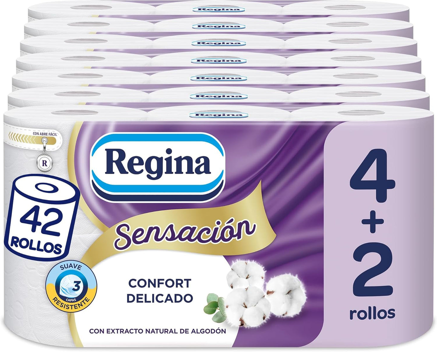 Regina Feeling – 42 Rollen Toilettenpapier, 175 Blatt mit drei Schichten, natürlicher Baumwollextrakt und zarter Duft, 60 % recycelte Kunststoffverpackung, 100 % FSC-zertifiziertes Papier