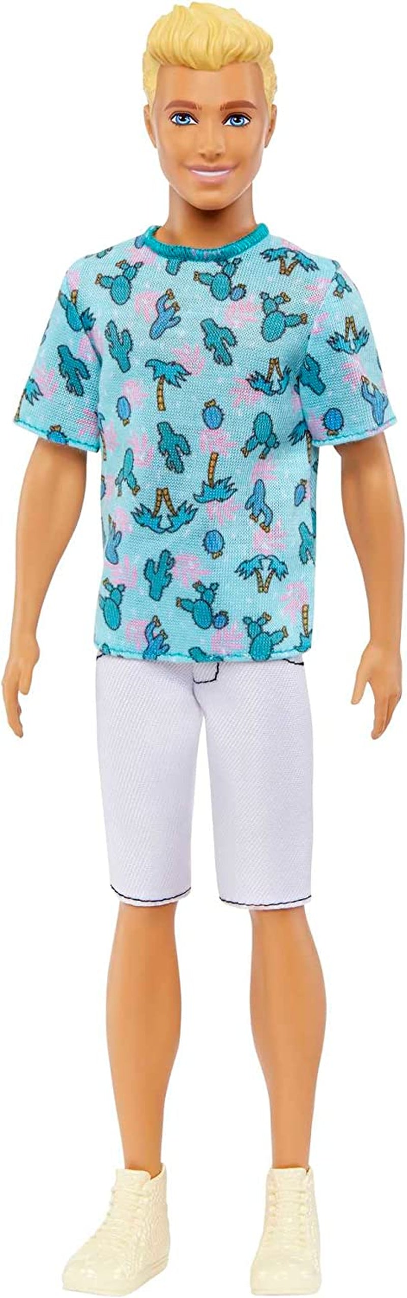 Ken Fashionistas Barbie-Puppe – T-Shirt mit Kaktus- und Palmen-Print, weiße Shorts und Turnschuhe, perfekt für Abenteuer mit Freunden und Spaziergänge in der Stadt, für Kinder ab 3 Jahren, HJT10. Blaues Hemd von Naty Shop Dolls Ken