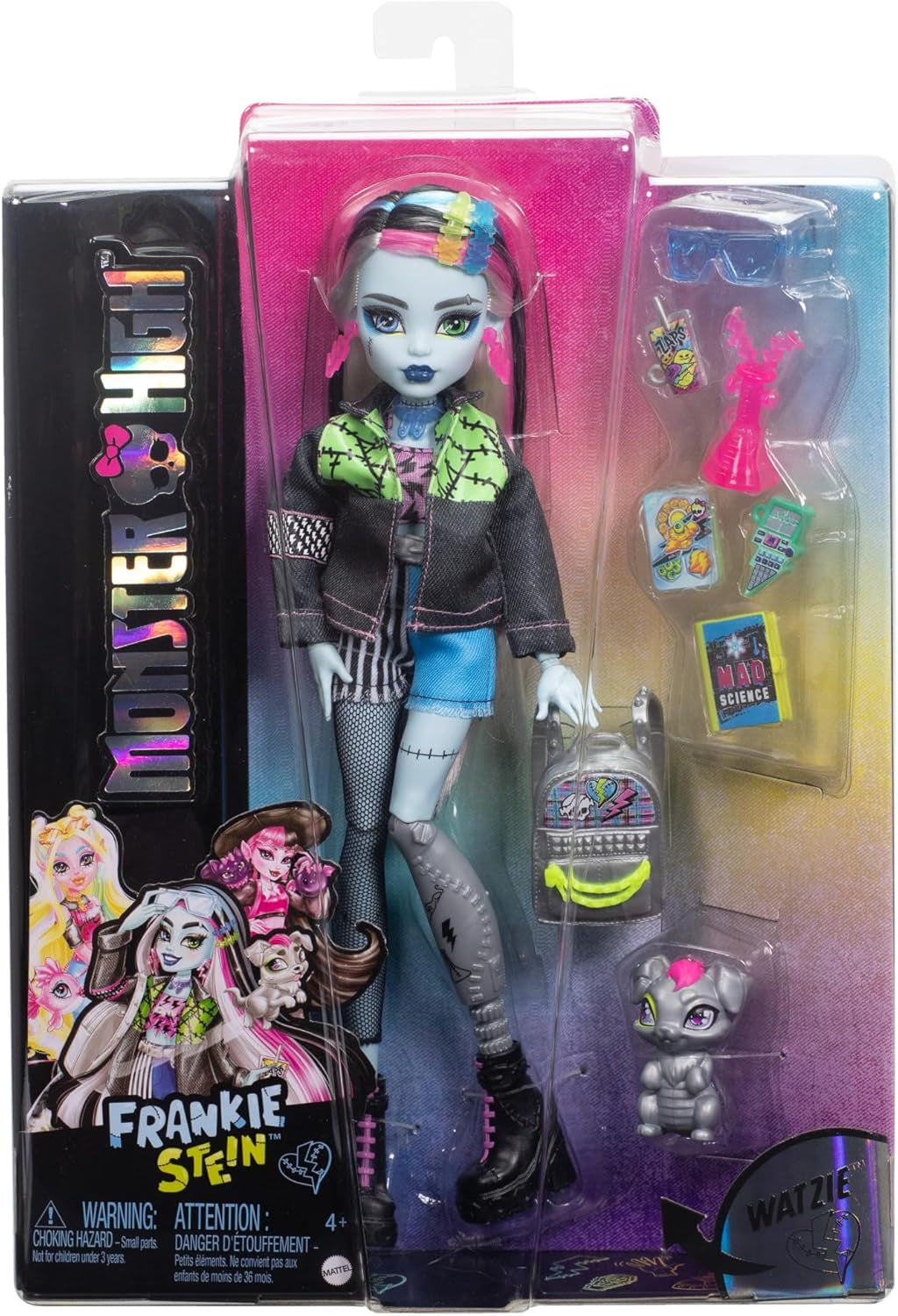 Monster High Frankie Stone Puppe in Jeansjacke und Shorts, inklusive Hundewatzie und Zubehör wie Rucksack, Snack und Notizbuch, HXH73 Naty Shop Dolls
