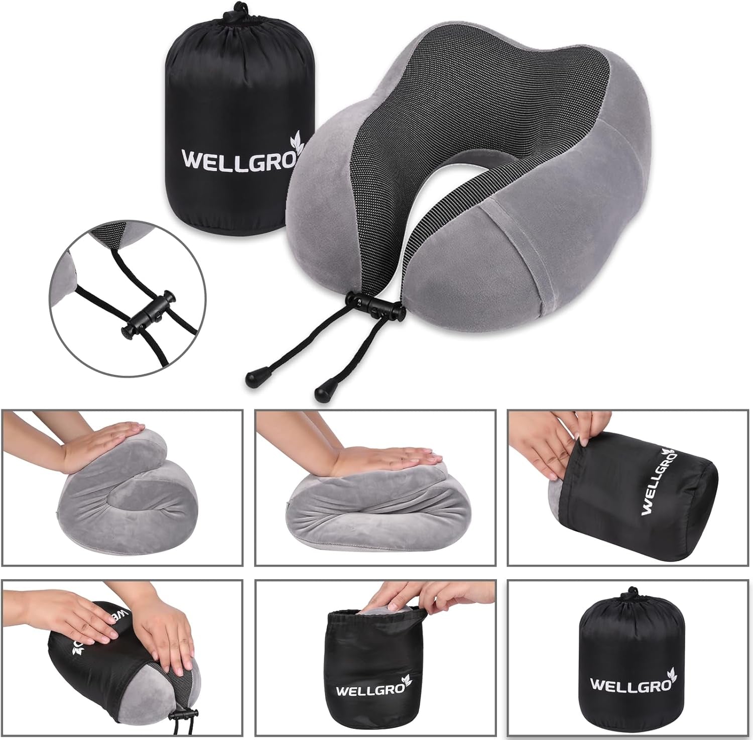 WELLGRO Nackenkissen-Set mit 3D-Schlafmaske und Ohrstöpseln – abnehmbarer Bezug – Memory-Schaum – Reißverschluss – inklusive Aufbewahrungstasche – Reisekissen – Farbe wählbar, Farbe: Grau. Orthopädische Halskissen von Naty Shop