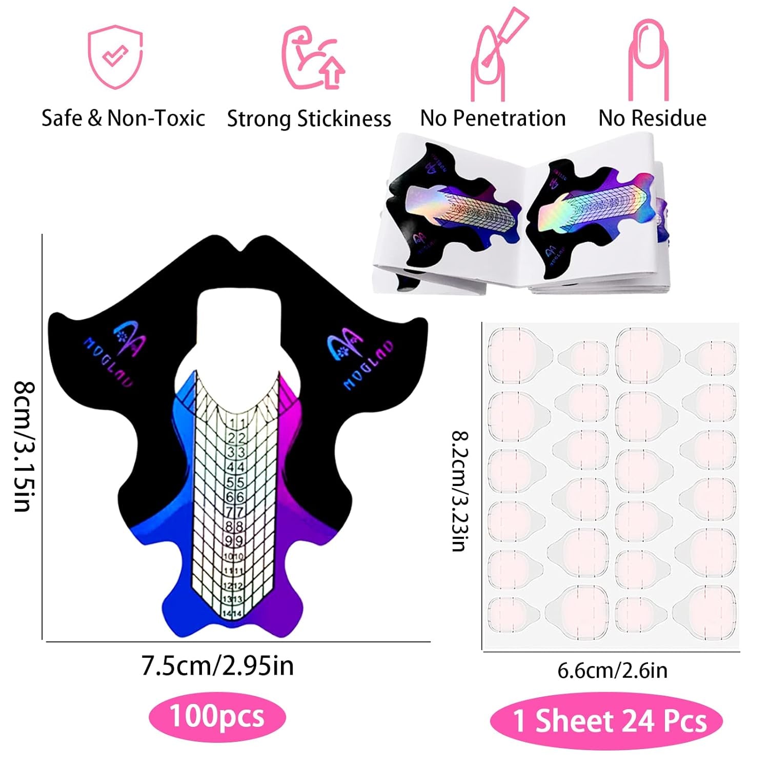 ® 100 Nagelschablonen und 1 Blatt mit 24 transparenten Klebescheiben für Nägel, Nagelverlängerungsschablonen, selbstklebende Gel-Nagelverlängerungsschablonen, Zubehör für künstliche Nägel