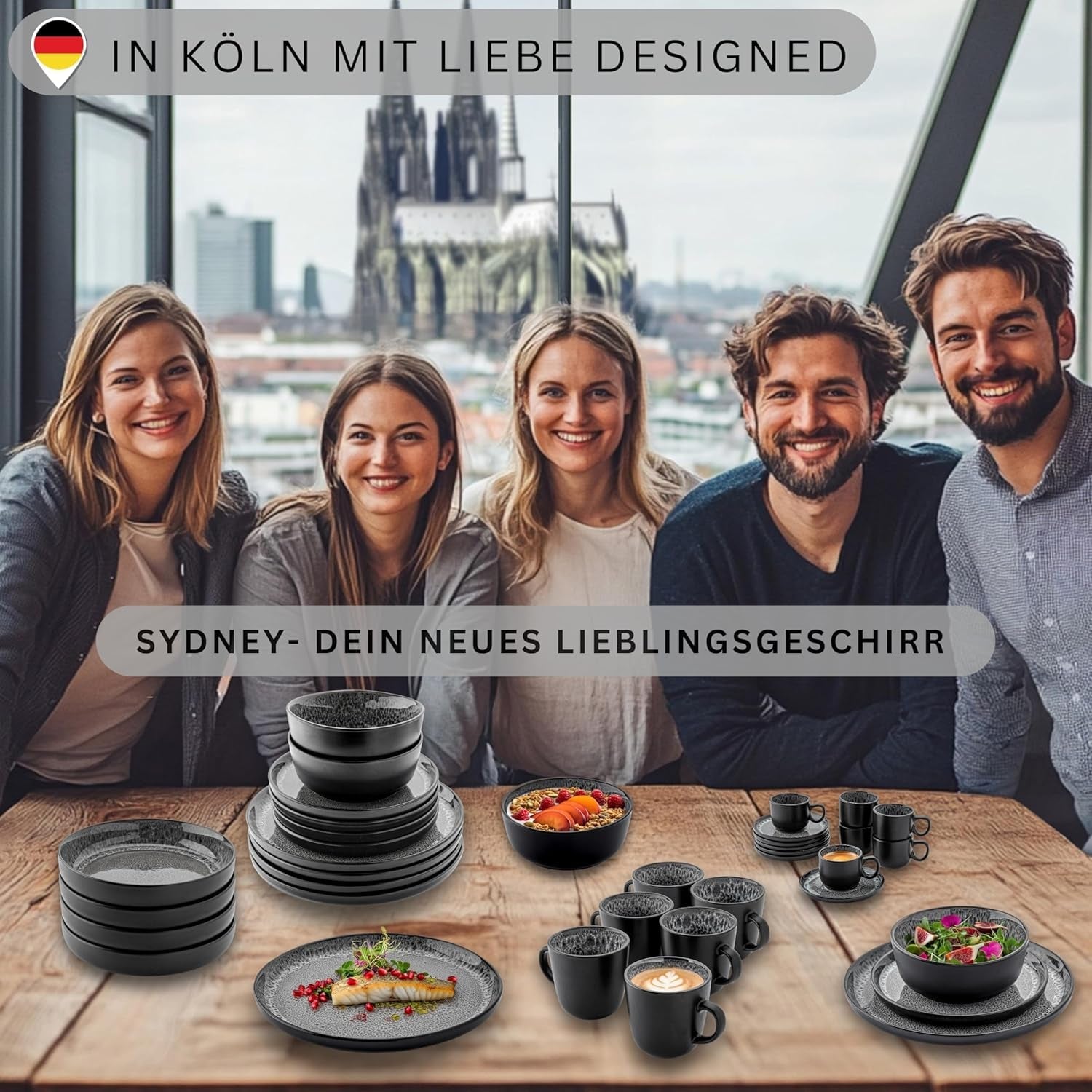 SANGER Sydney | Espressotassen-Set aus Keramik, 12 Stück, Mokkatassen-Set für 6 Personen, Tassen und Untertassen, spülmaschinen- und mikrowellengeeignet, dunkelgrau, 80 ml | DIE VALUE-KOLLEKTION