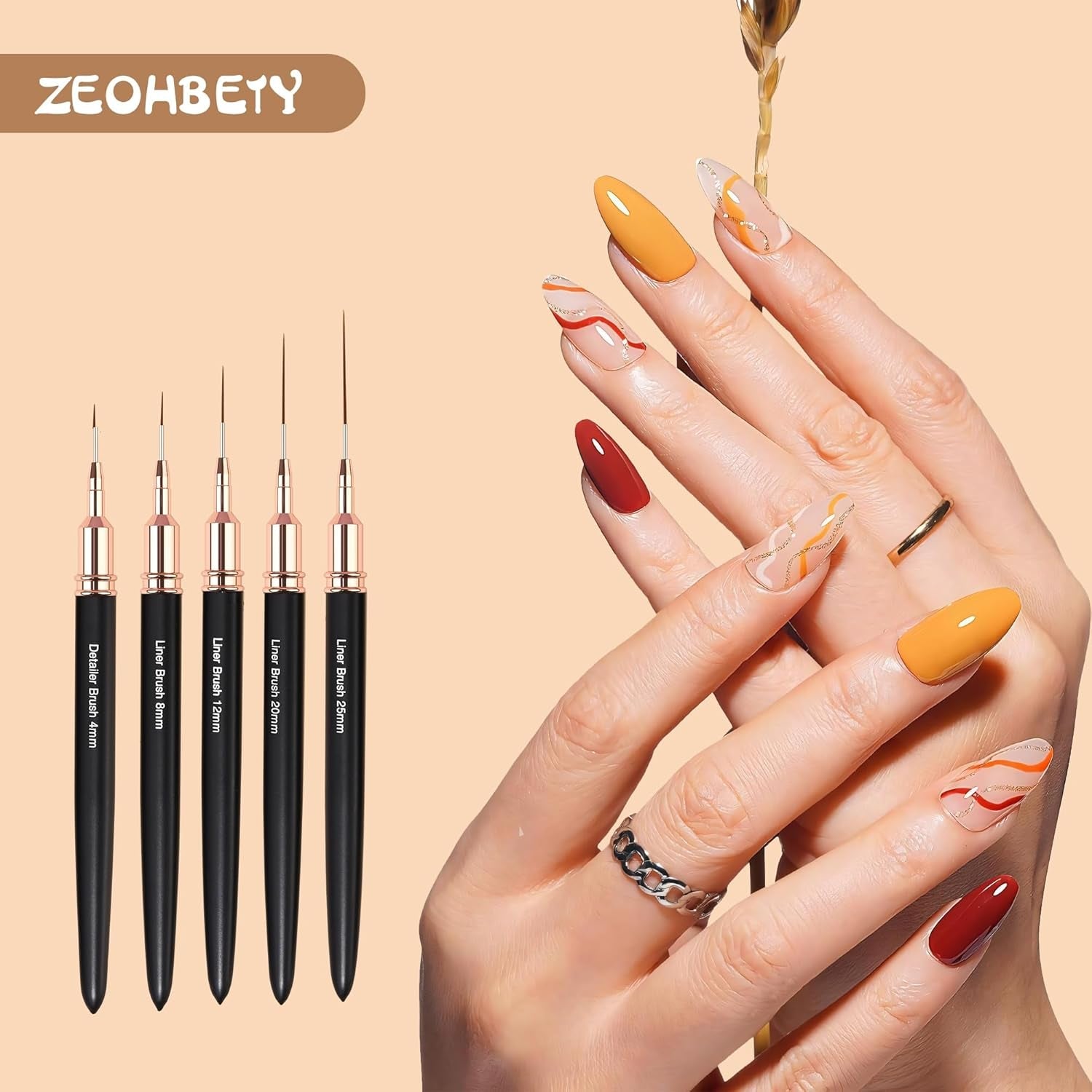 Nagelpinsel, 5-teilig, Nagelkonturpinsel, Maldesign-Pinsel-Set, Nagelpunkt-Zeichenwerkzeug für lange Linien, dünne Details, feines Zeichnen in der Größe 6/9/12/15/18 mm, Schwarz