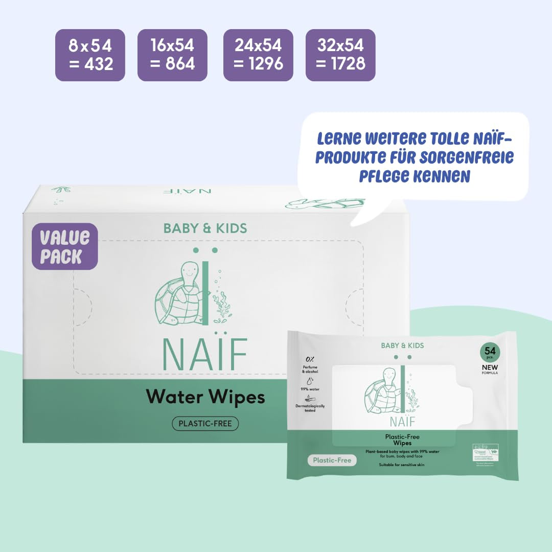 Naïf – Plastikfreie Feuchttücher – 864 Stück (16 Packungen à 54 Tücher) – Pflege für Babys Po, Körper und Gesicht – 99 % Wasser – 0 % Parfüm und Alkohol