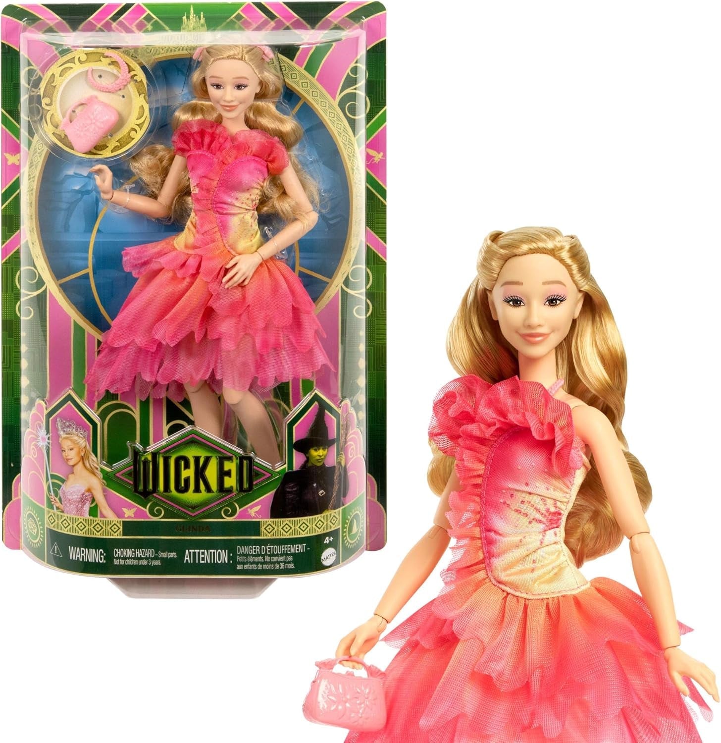 Mattel Wicked Glinda Modepuppe und Zubehör mit blonden Haaren, verschiedenen möglichen Posen und abnehmbarem Ballkleid-Look, HXT63