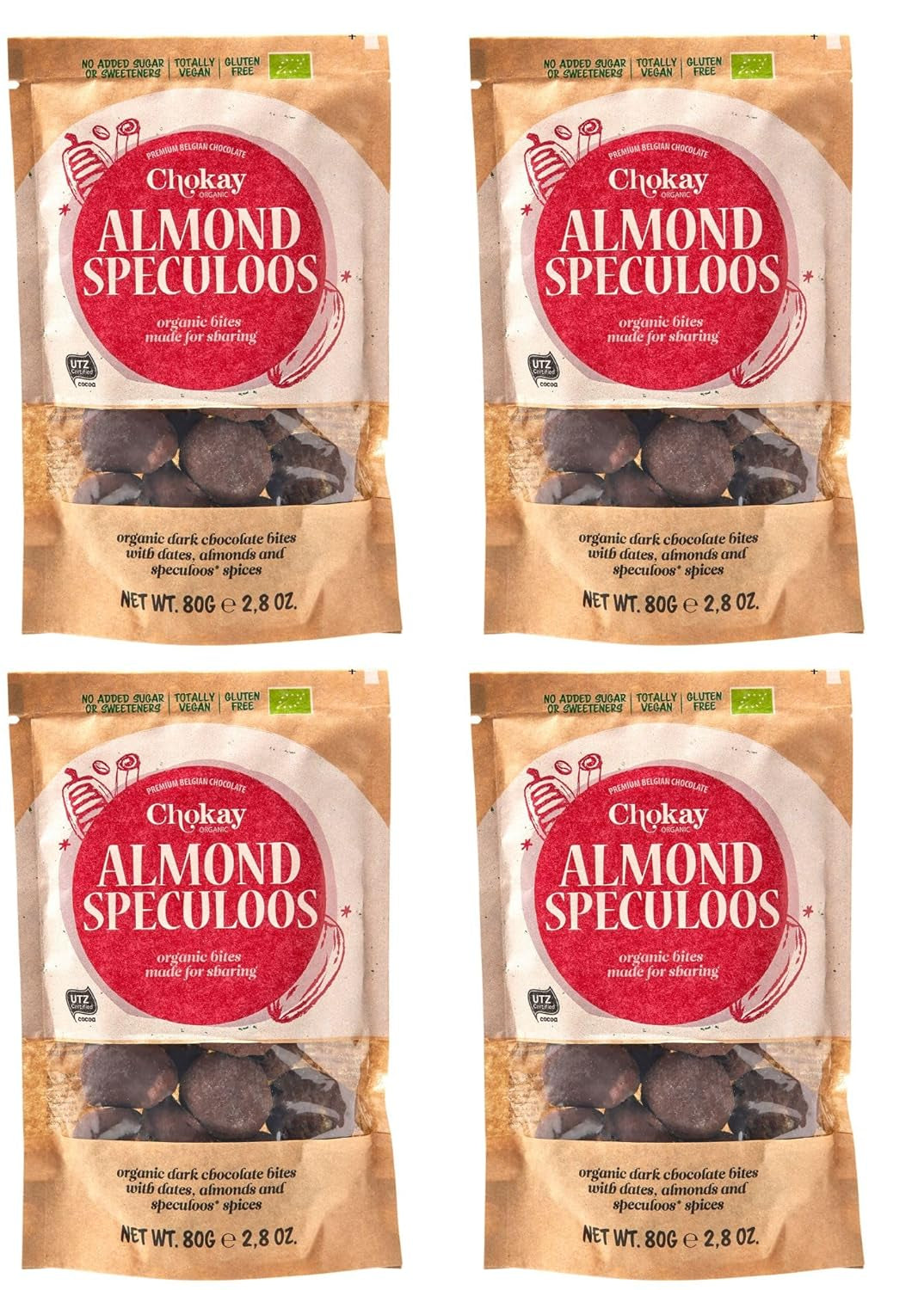 Set mit 4 Bio-Häppchen – Zimtmandeln/Zimtmandeln in belgischer Zartbitterschokolade/Ohne Zuckerzusatz, ohne Süßstoffe/VEGAN & FAIR TRADE / 4 x 85g