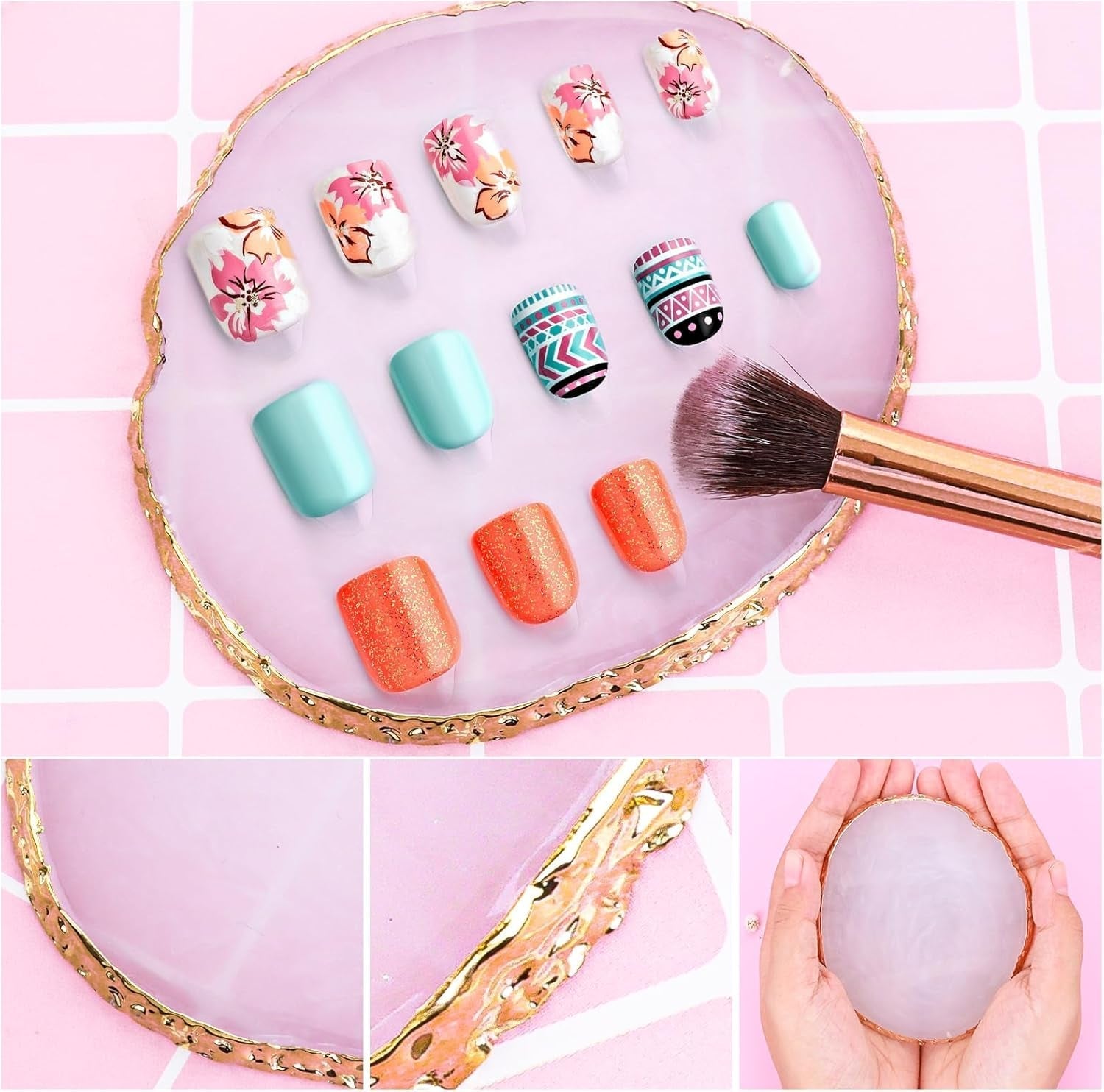 Harz Nail Art Palette,Maniküre Gemalt Palette,Goldener Rand Nagelleck Palette,Nail Art Make up Paletten Display Fach Nagel DIY Zubehör(Weiß)