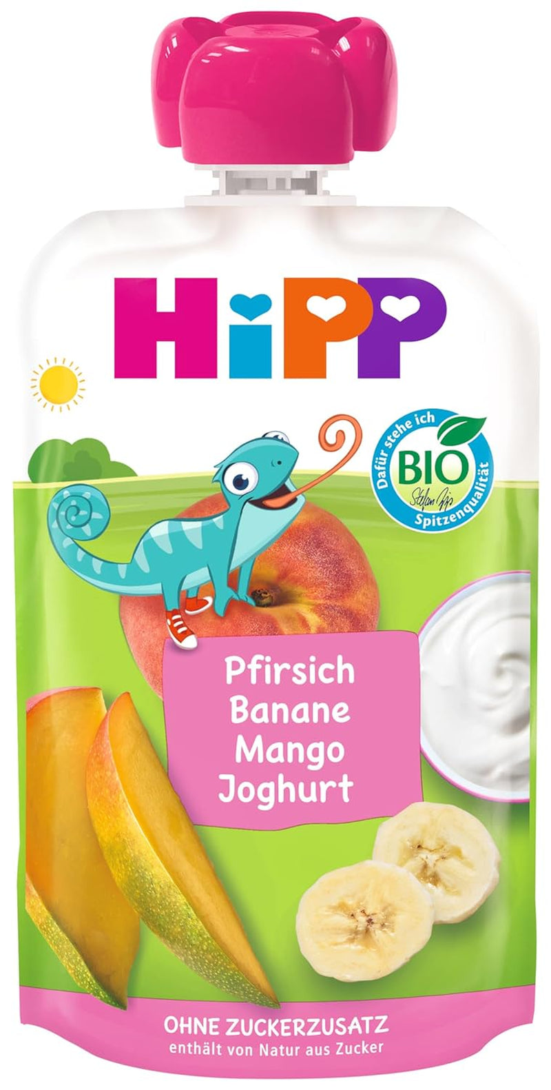 HiPP Pfirsiche Bananen Mango mit Joghurt, Komprimierbarer Beutel ab 1 Jahr, 8 x 100g
