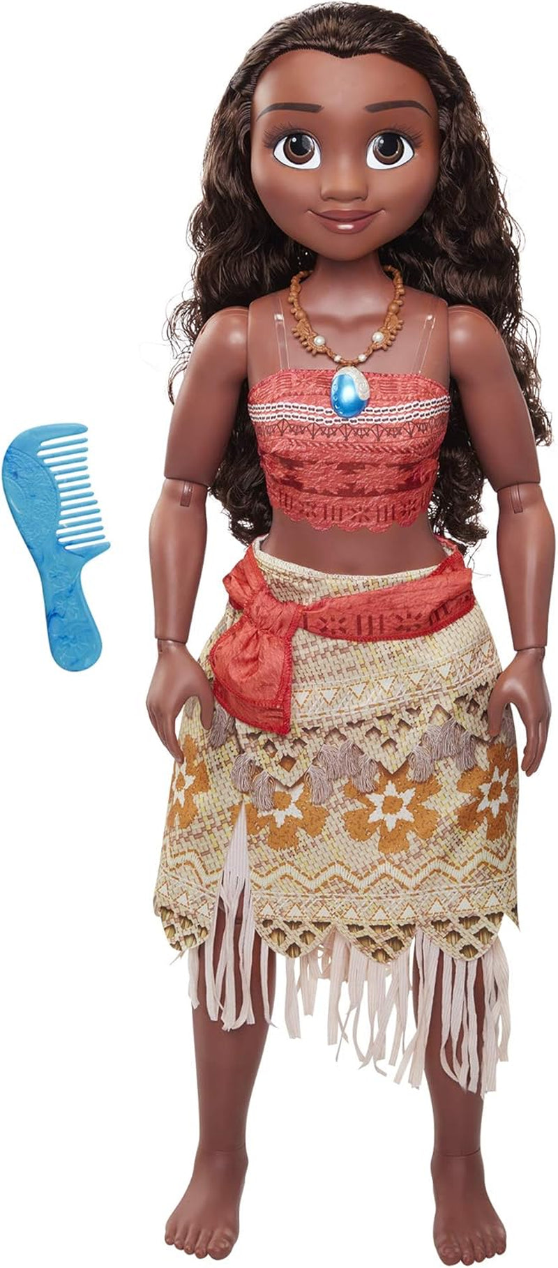 Disney Princess Vaiana, 80 cm große Spielpuppe von Jakks Pacific, bewegliche Puppe, mit Bürste zum Kämmen ihrer welligen Locken, vom Film inspiriertes Kleid, abnehmbare Halskette mit Anhängern