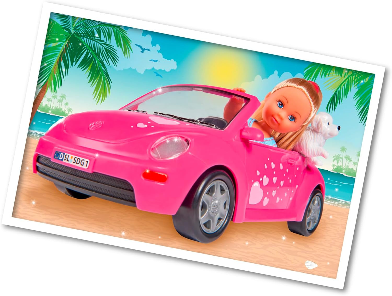 Simba 105731539 - Evi Love Beetle Evi's, Evi mit Auto, Auto: 22 cm, mit Hund, Modepuppe, 12 cm, für Kinder ab 3 Jahren
