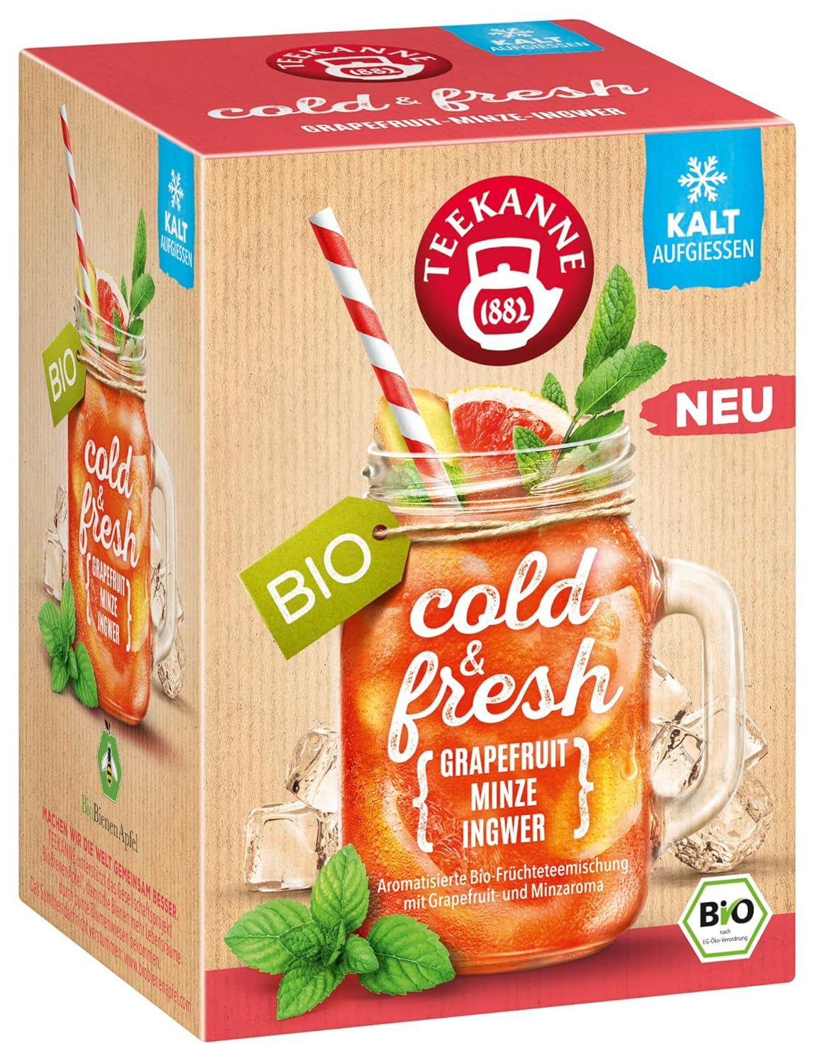Teekanne Cold & Fresh BIO 4Er Mix – Mit den neuen Sorten Zitrone-Minze, Pfirsich-Maracuja, Orange-Rosmarin, Grapefruit-Minze-Ingwer (4 X 45G)